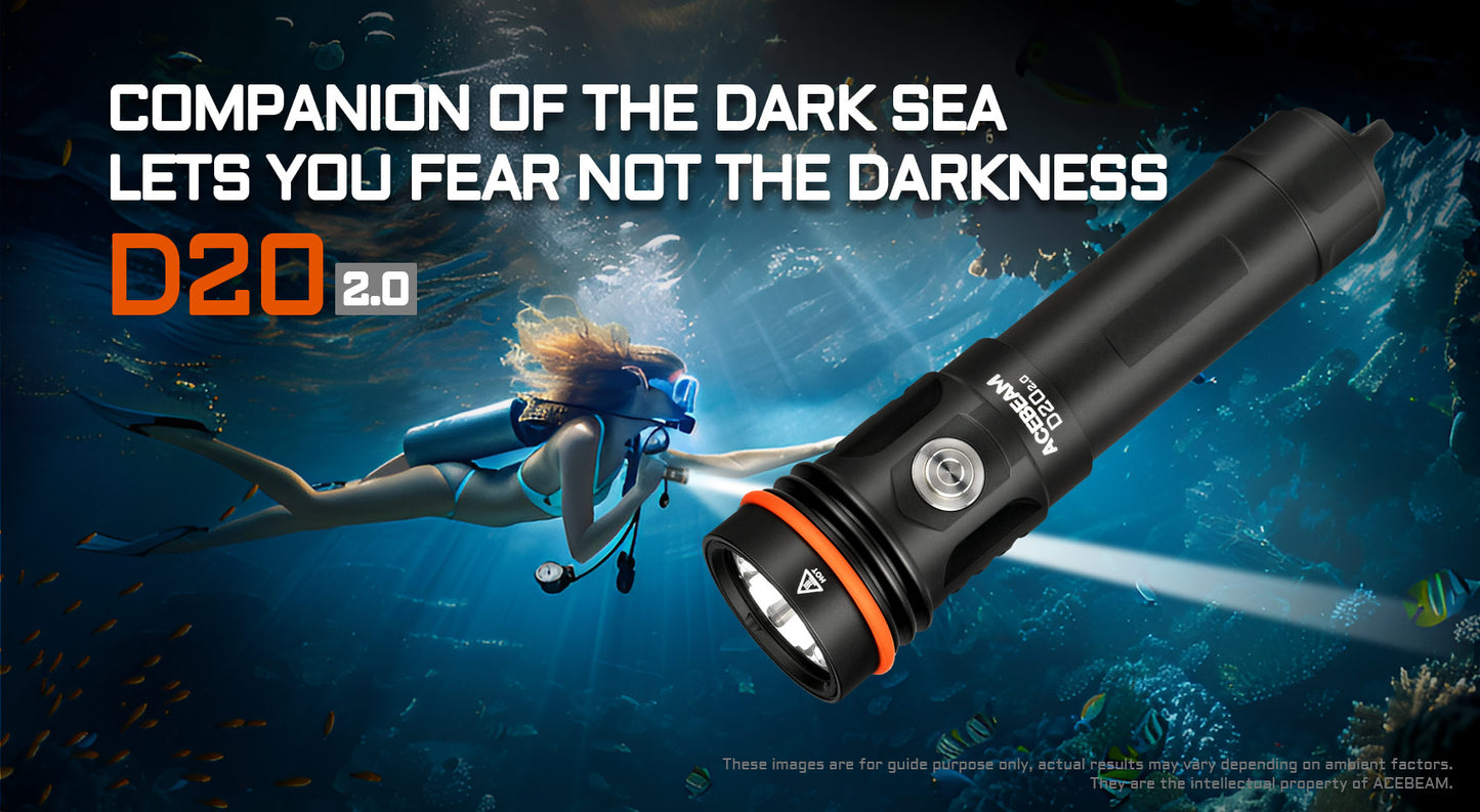 Acebeam D20 2.0 High-Lumens Rechargeable 3-Mode Scuba Diving Flashlight